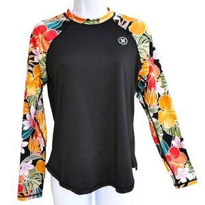 Hurley Black Rashguard Swim Top UPF 50 Long Raglan Floral Sleeves Hawaiian M